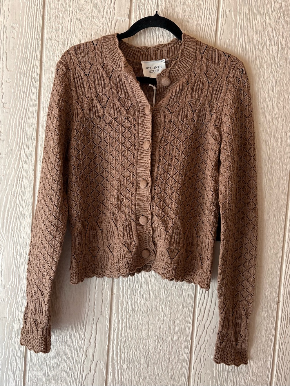 Hyacinth House Pointelle Capucine Cotton Cardigan Sweater NWT Medium Tan Brown - Picture 2 of 8